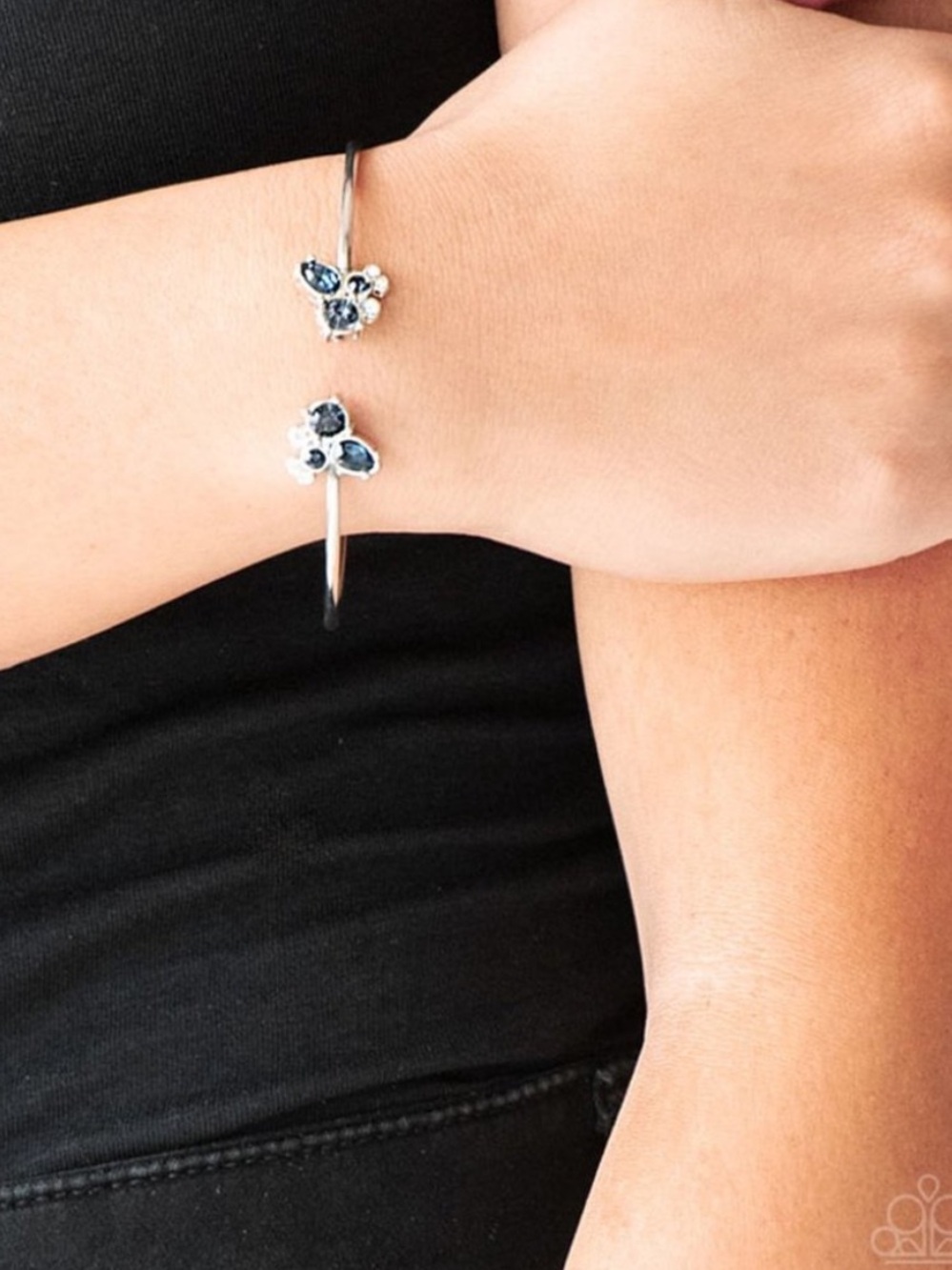 Paparazzi Going in Glitter Silver Cuff Bracelet Blue Crystal Floral Accents